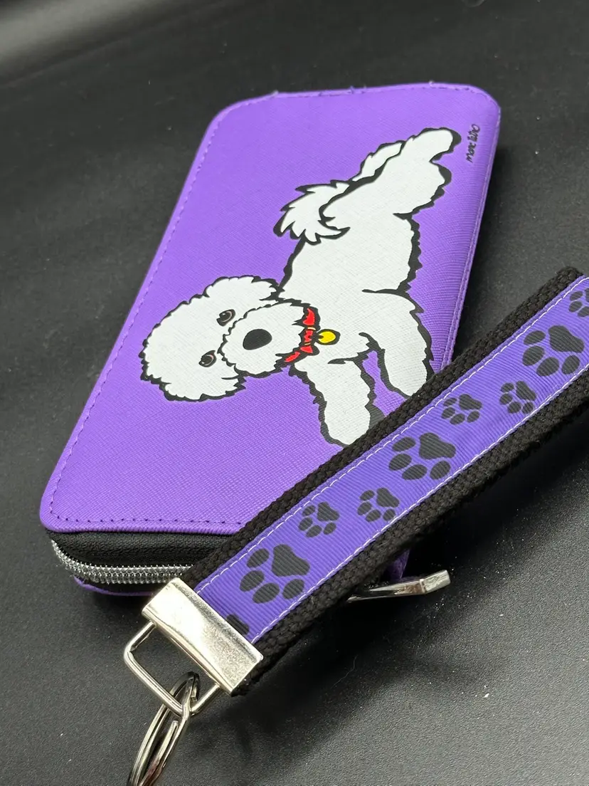 MARC TETRO BICHON FRISE POODLE PURPLE ZIP-AROUND WALLET & KEY WRISTLET