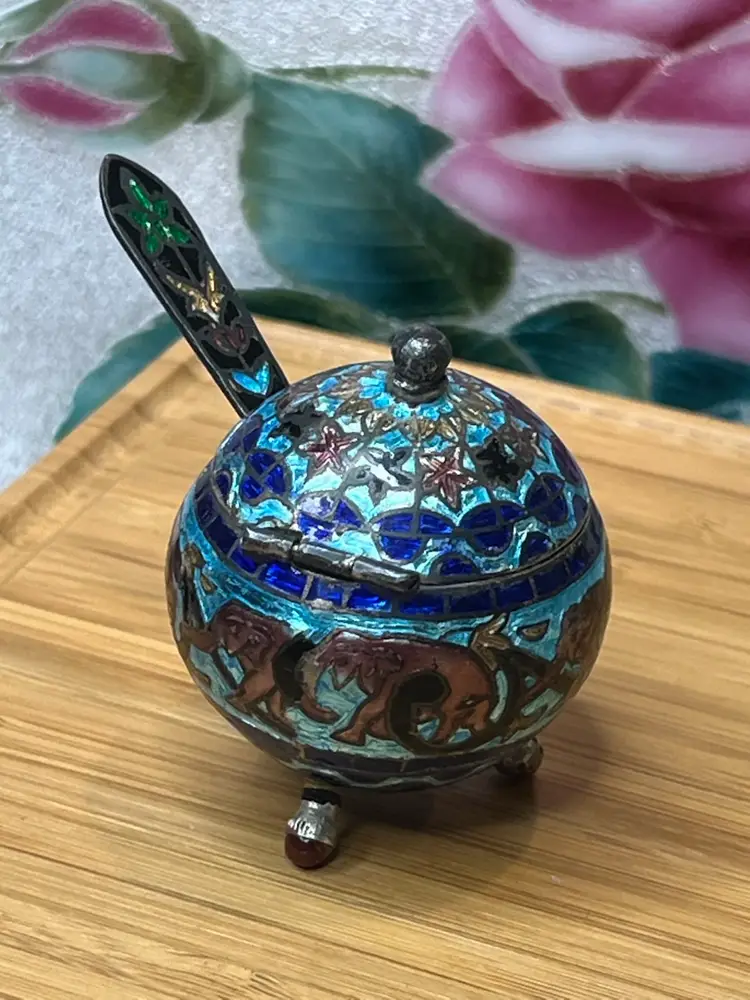 Antique Cloisonné Mughal salt cellar  in sterling silver and enamel  with elephants.