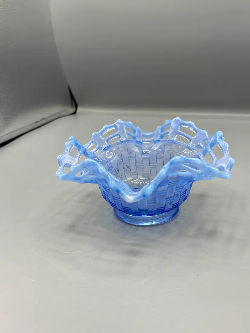 Vintage Fenton opalescent blue glass basket