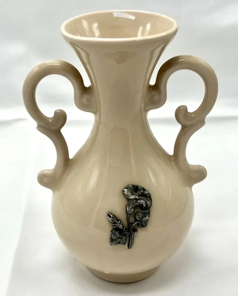 Unique Pinkish Limoges Vase Applied Pewter Flowers Double Handles Etain Sticker