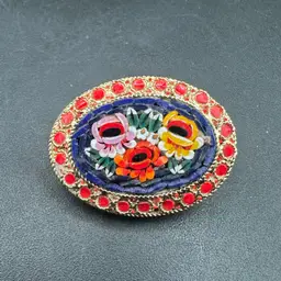 Beautiful Cherry Red Cobalt Blue Micro Mosaic Brooch, Marked Italy 1.5”W*