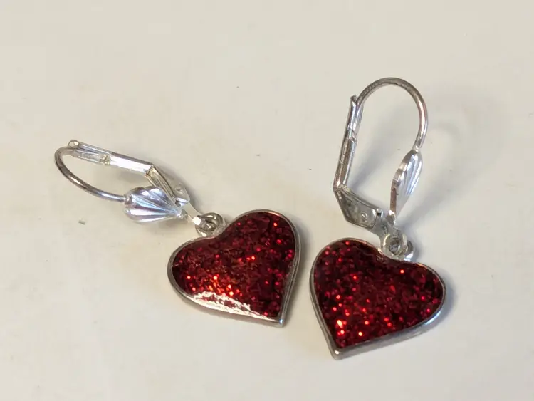 Sparkly Red Heart Dangle Earrings Silver Tone