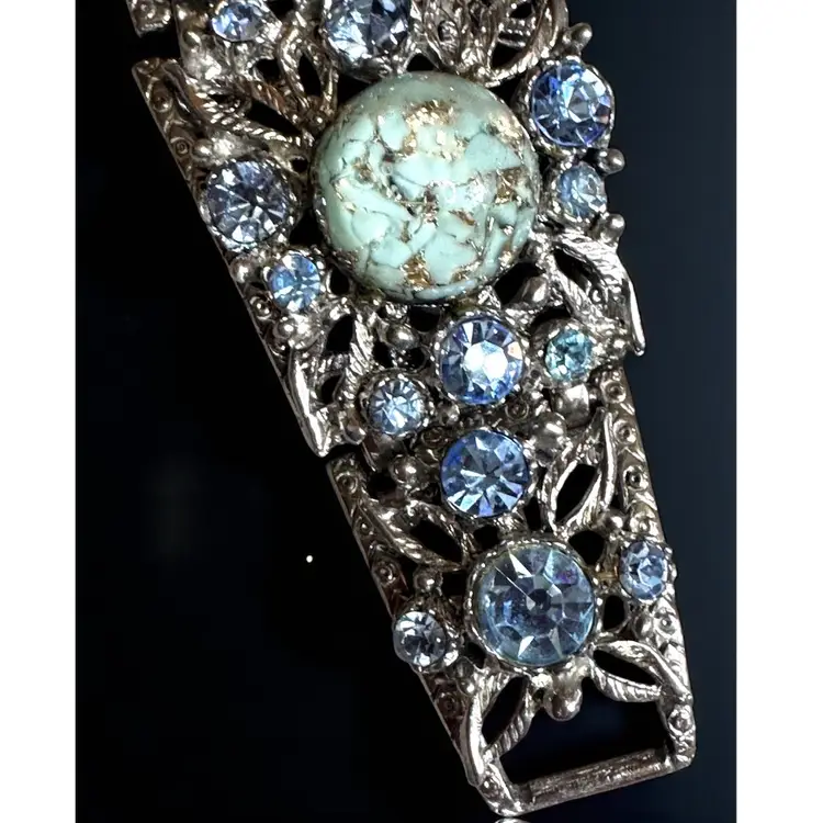 Very Rare MCM Vintage Selro Selini Lucite Confetti Cabochon Rhinestone Panel Link Bracelet 6.5” & Chunky Chain Necklace 15-18” with Dragon Fringe Pendant - ca. 1950 - 60s