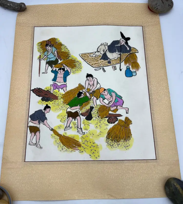 Vintage Korean Silk Embroidery Rice Harvest Scene With Yangban Overseer Panel