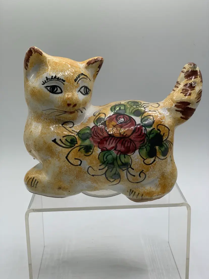 Vietra Italian Ceramic Cat Bank With Painted Flowers And Stopper.