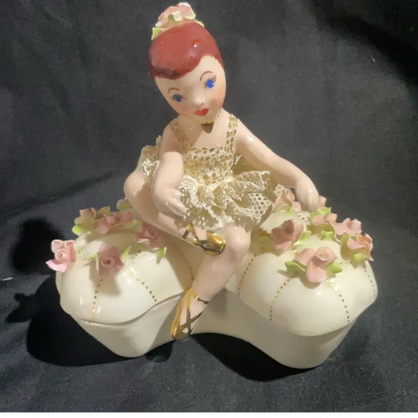 Ballerina Spaghetti Lace Tutu Porcelain Tufted Trinket Box, Vintage 