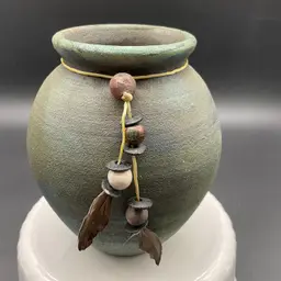 Handcrafted Raku Ceramic Vase With Beaded Feather Decor Signed Jeremy Diller 6"H