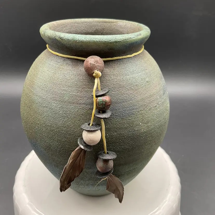 Handcrafted Raku Ceramic Vase With Beaded Feather Decor Signed Jeremy Diller 6"H