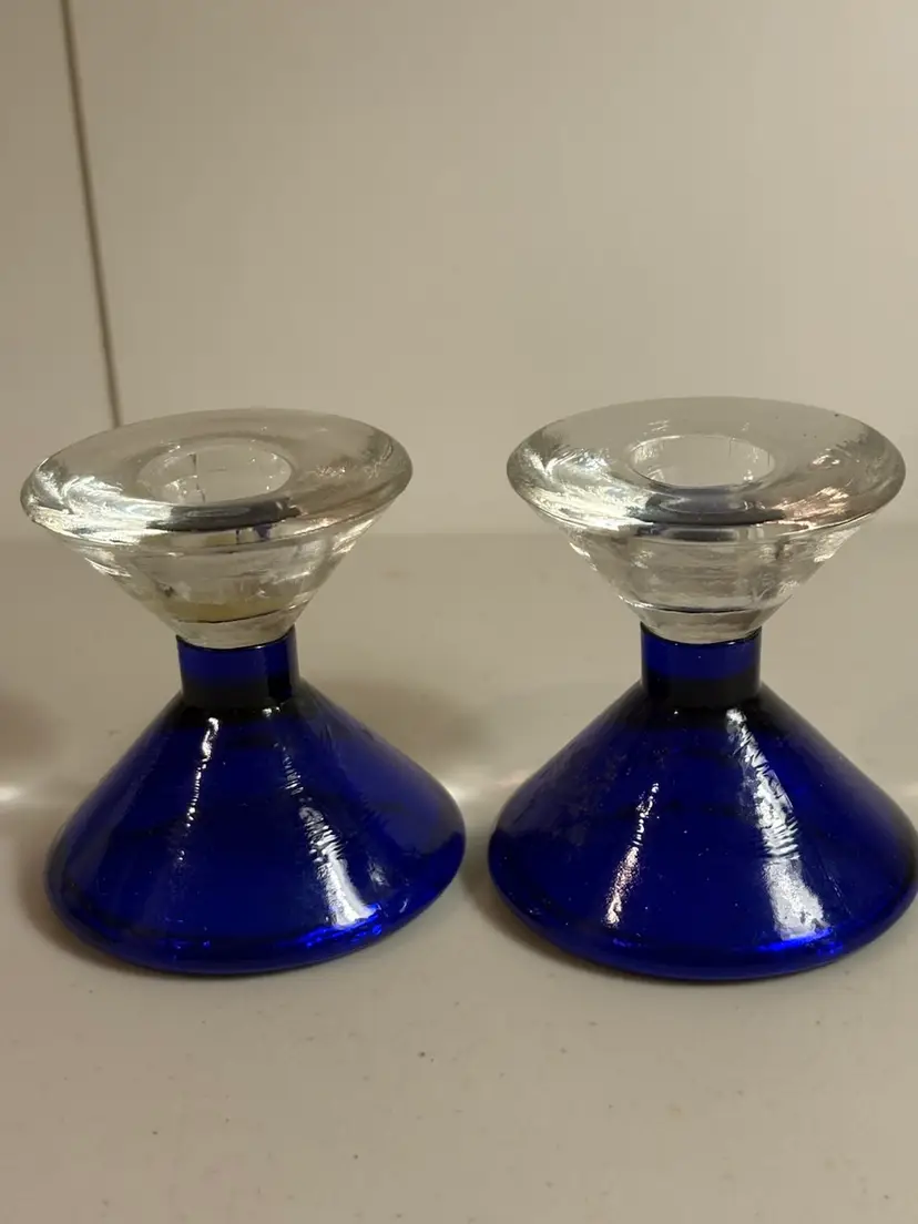 Pair Of Vintage Cobalt Blue Glass Candle Holders