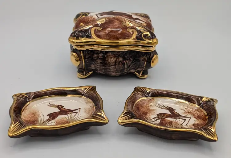 MCM Hubert Bequet Quaregnon Belgium Porcelain Deer Gazelle Cigarette Holder & Astray Set / Trinket Box / Dishes