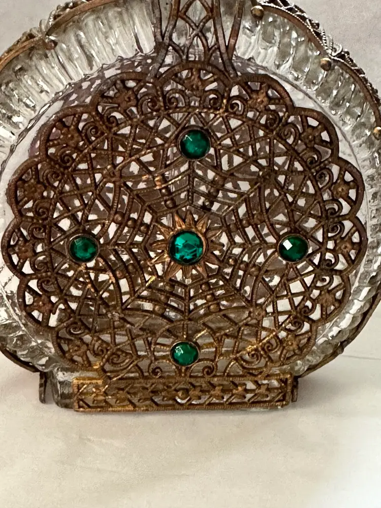 Art Deco Jeweled Filigree Perfume Bottle 5”