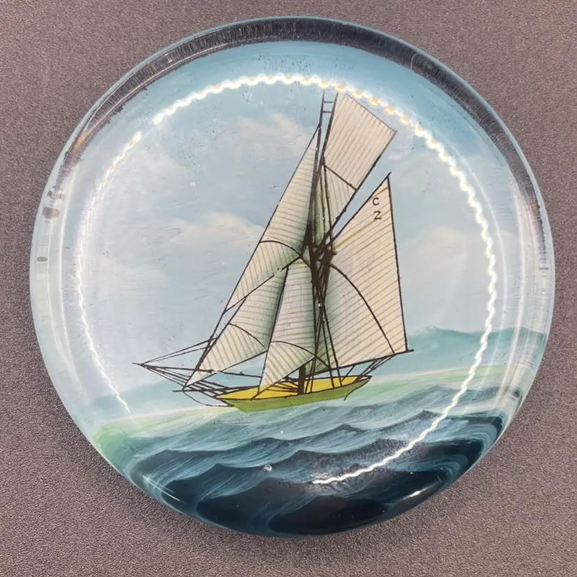 1900 America’s Cup Pressed Glass, Reversed Painted Sailing Ship Paperweight