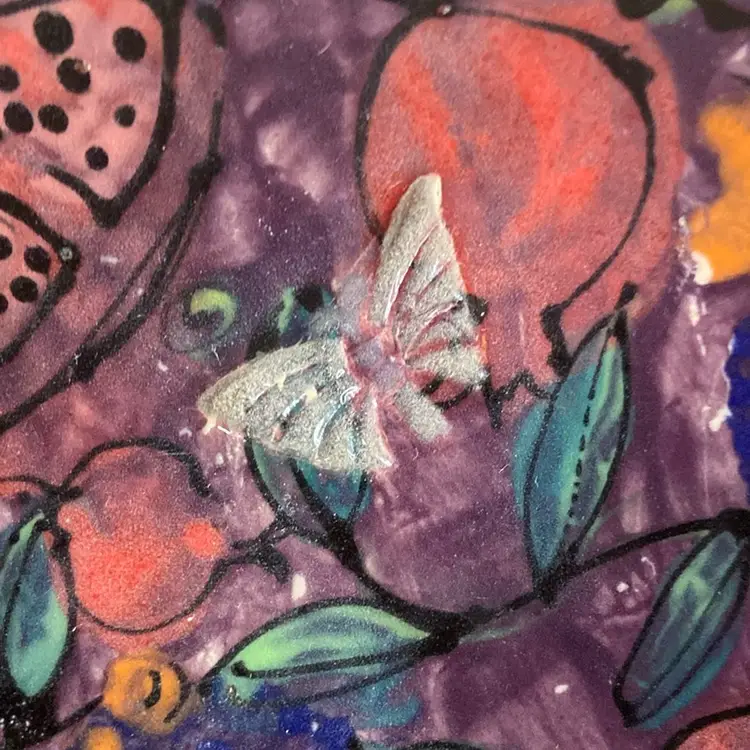 Hand Thrown Plate With Fruit And Imprinted Butterflies, 8.5x2