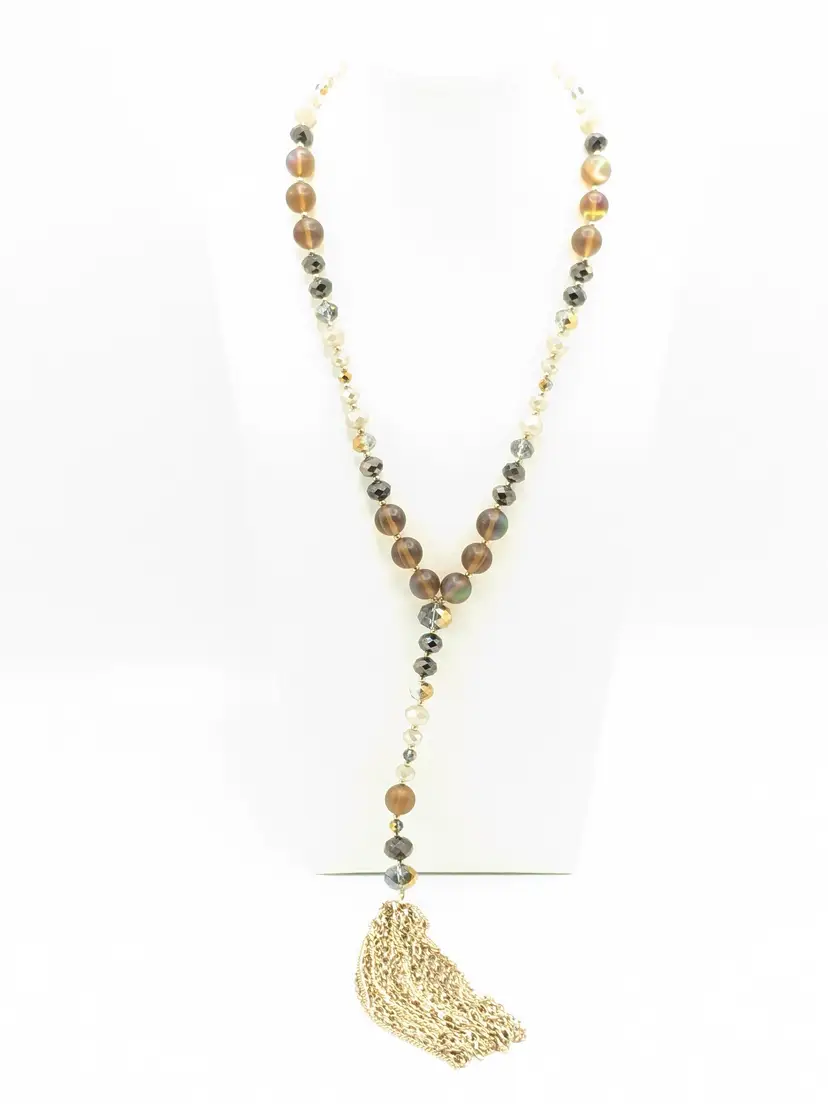 EL Glass Bead Tassel Necklace Gold Tone