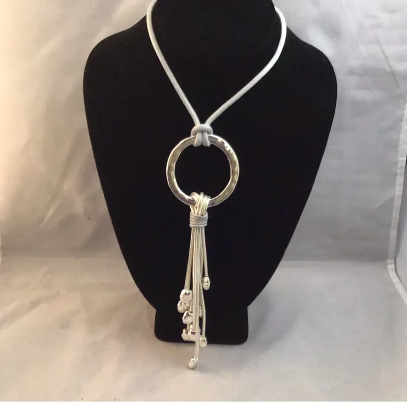 #01 Silver Hammered Metal Ring with Snake Chain tassle on Leather braided cord Silver-tone
