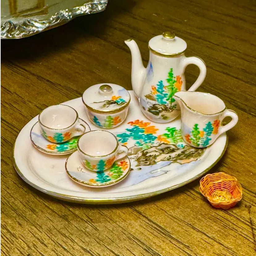 1.5” tall Japanese porcelain dollhouse miniature tea service set w/tray