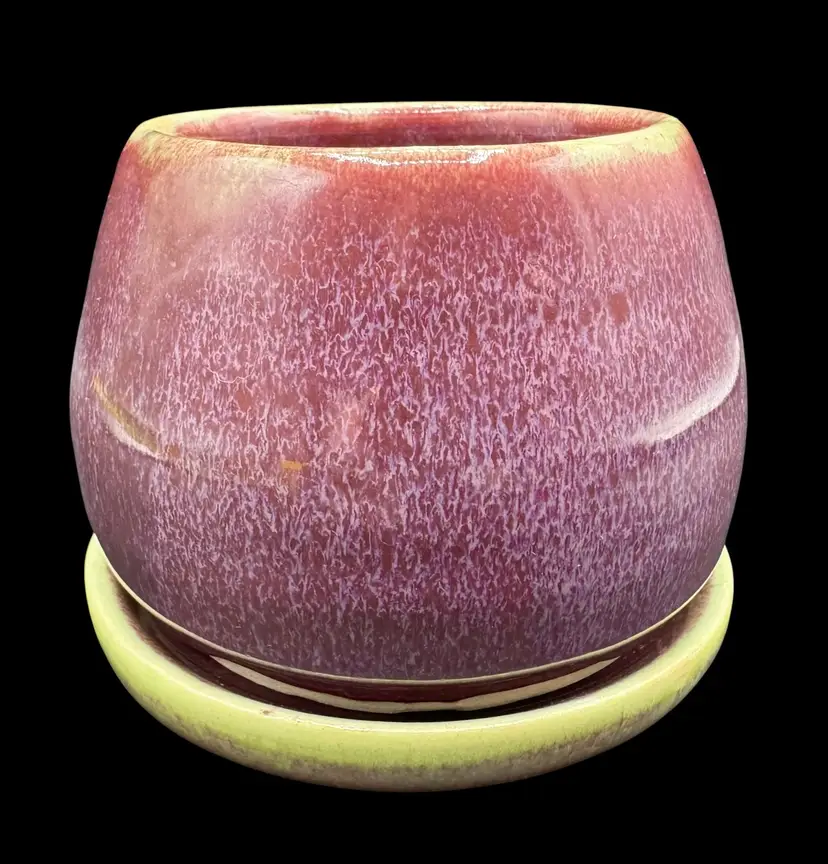 Signed SL Studio Art Pottery Plant Planter Pot Saucer Drainage Red Green Purple