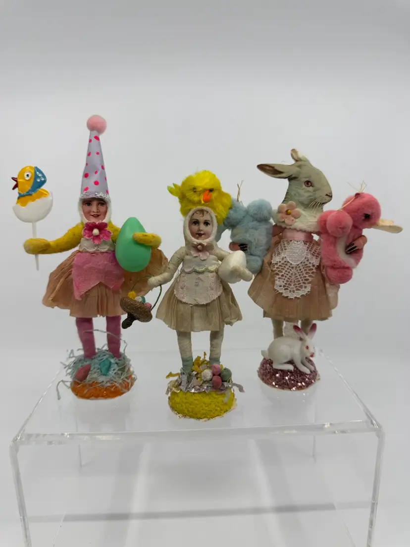3 Vintage By Crystal Handmade Spun Cotton Animal Figures Spring Easter Decor