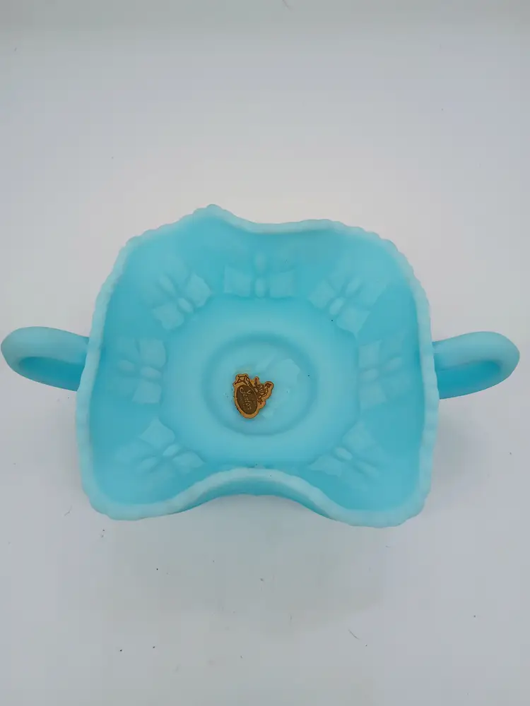 Vintage Fenton Glass Satin Aqua Blue Square Candy Bonbon Dish Butterflies