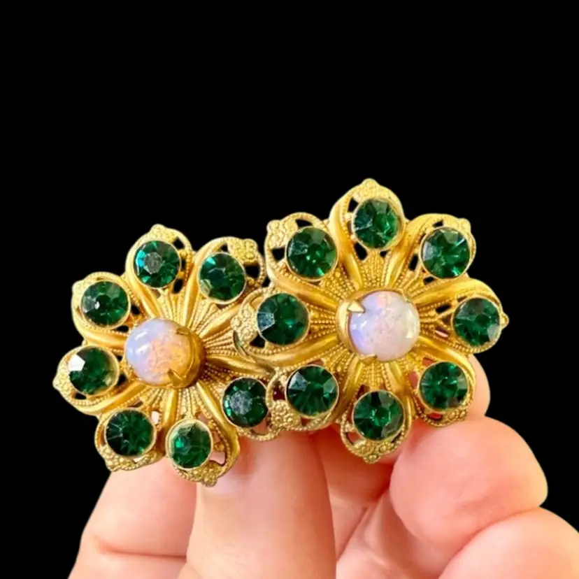 Gold Toned Screw Back Earrings - Green And Faux Opal Stones