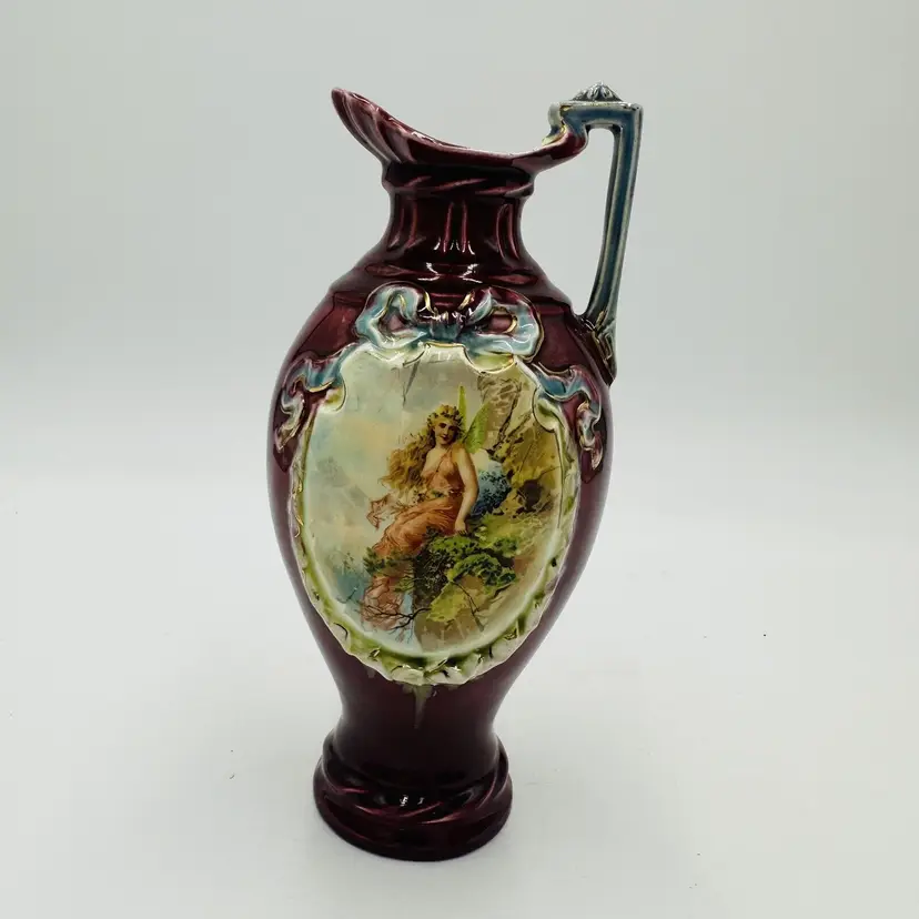 Majolica Red Pitcher Blue Ribbon Fairy Portrait Numbered 9in Porcelain Antique 