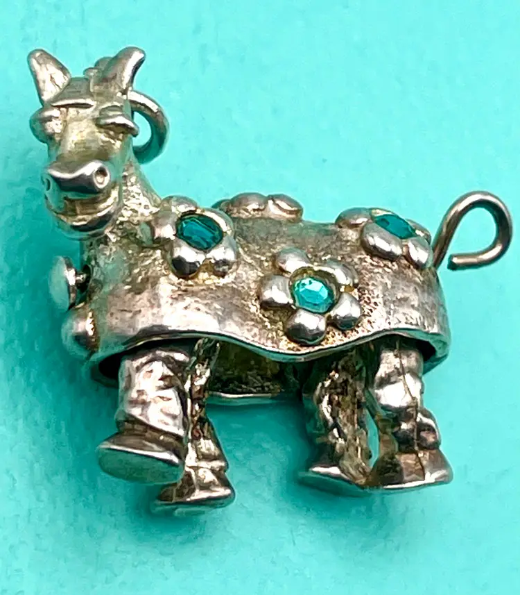 Vintage Pantomime Horse Charm Sterling Silver w Blue Gems/Gemset - articulating legs and tail move - hallmarked NUVO Extremely RARE