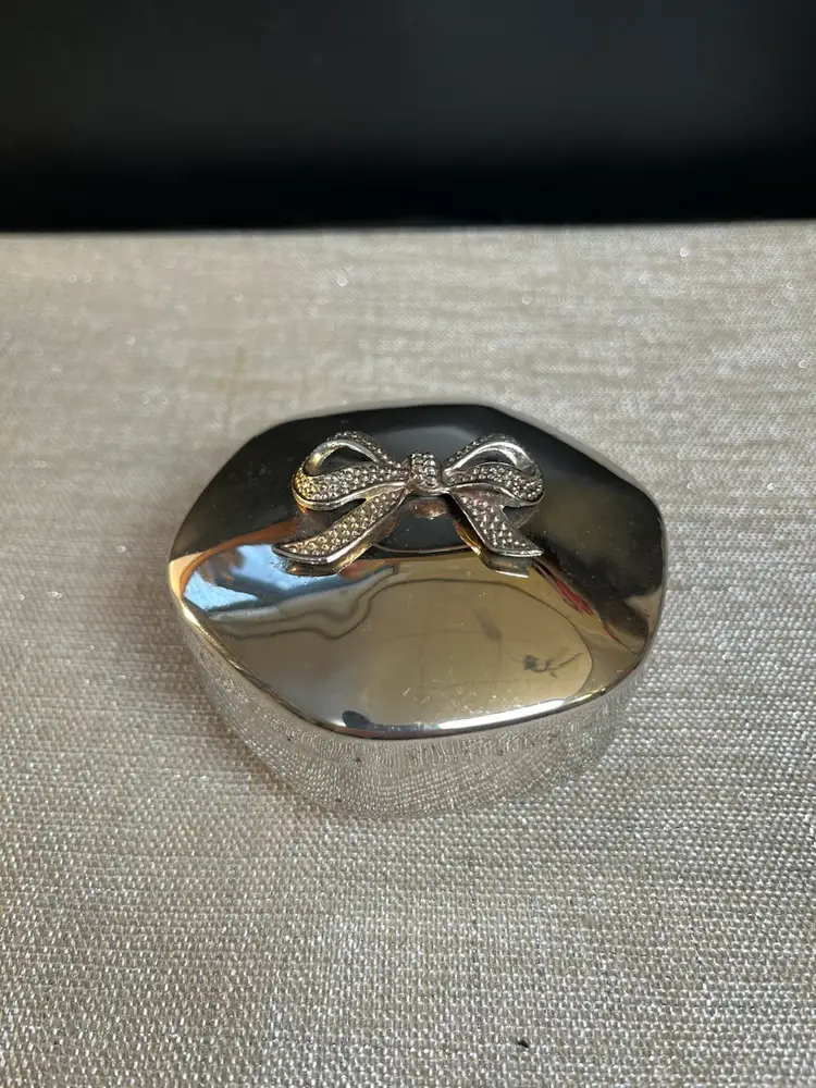 Silver Plated Hexagon Shaped Trinket Box w/ Bow, Beautiful Red Lining Inside