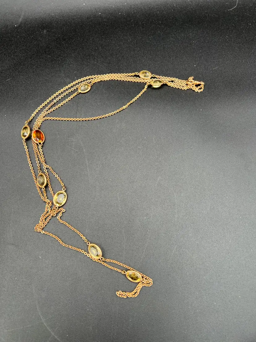 32” Golden Necklace With Amber Tone Stones Convertible To Double Adjustable Strands