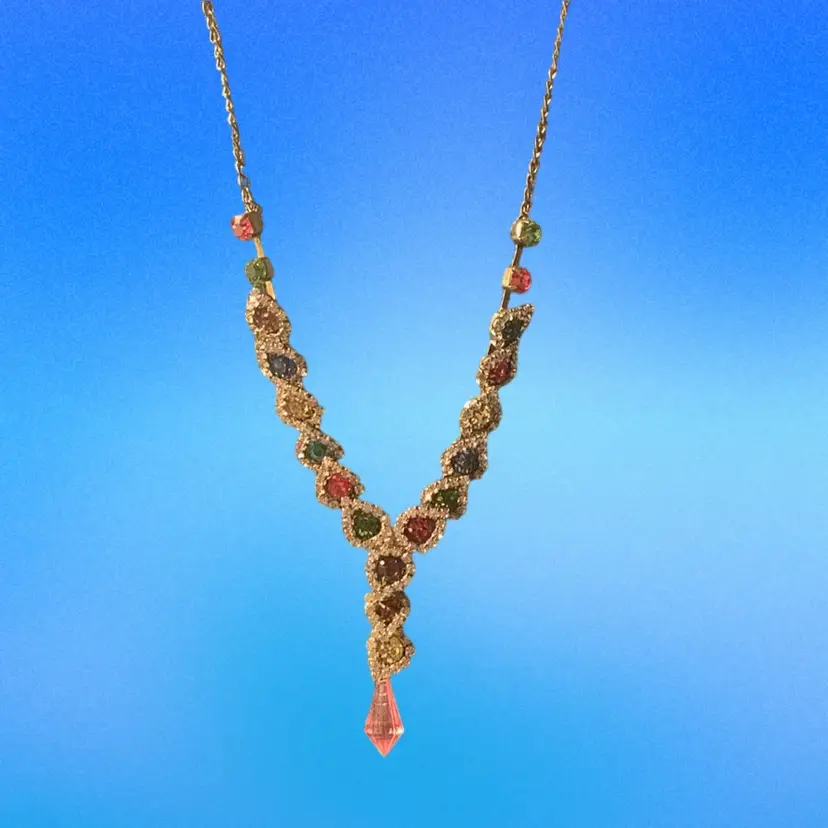 Vintage Silver Tone Necklace: Rainbow Crystals Surrounded By Small Rhinestones In Tear Drop Shape Ends In Y Shape With Pink Dangling Crystal