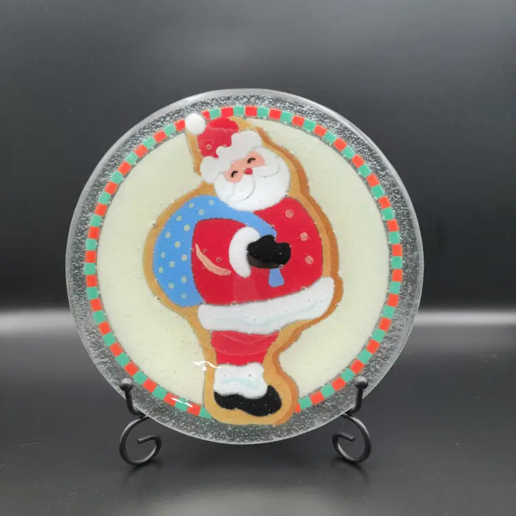Peggy Karr Fused Art Glass Plate Christmas Santa  Round Plate