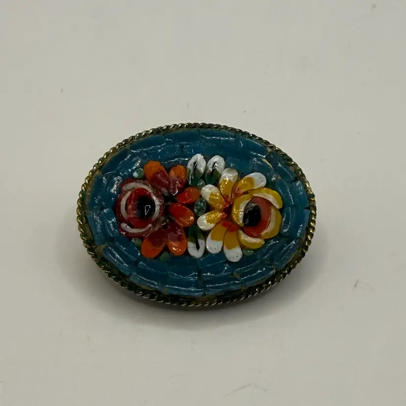 Micro Mosaic Small Oval Blue Frame Floral Gold Tone Brooch 1.25”