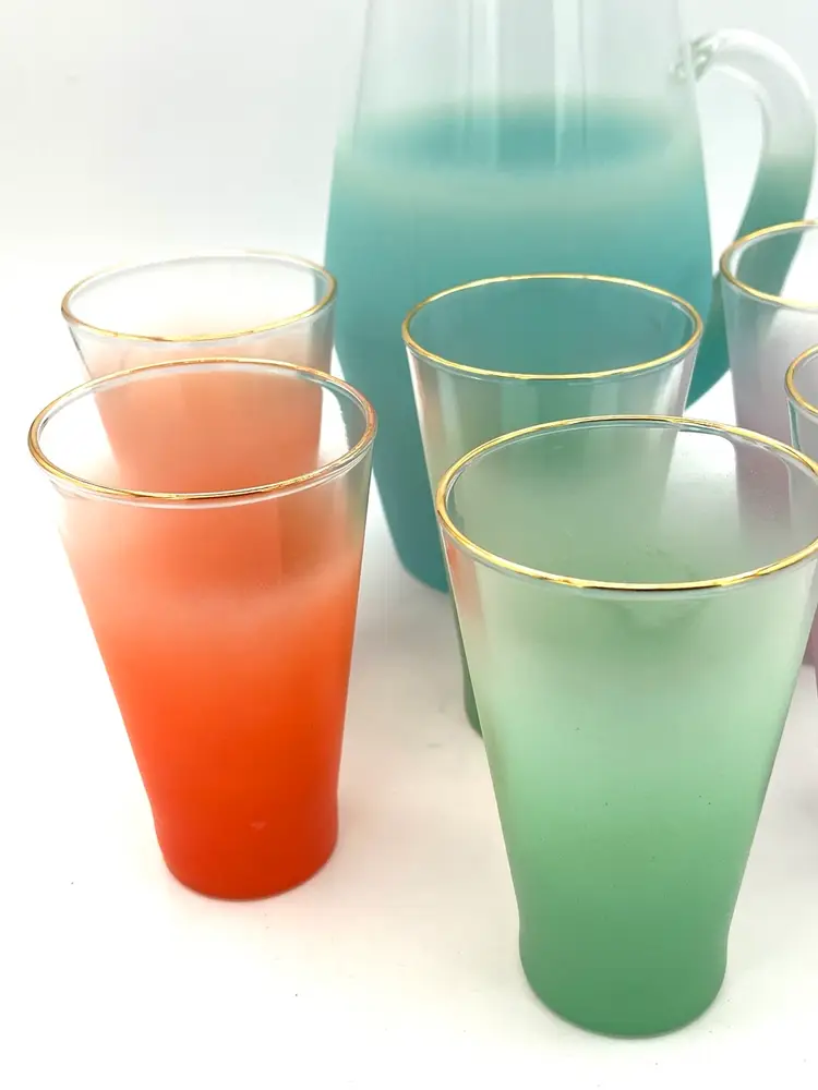 Vintage, Blendo "Atomic" Pitcher And Set Of 6 Glasses Frosted Pastel Colors