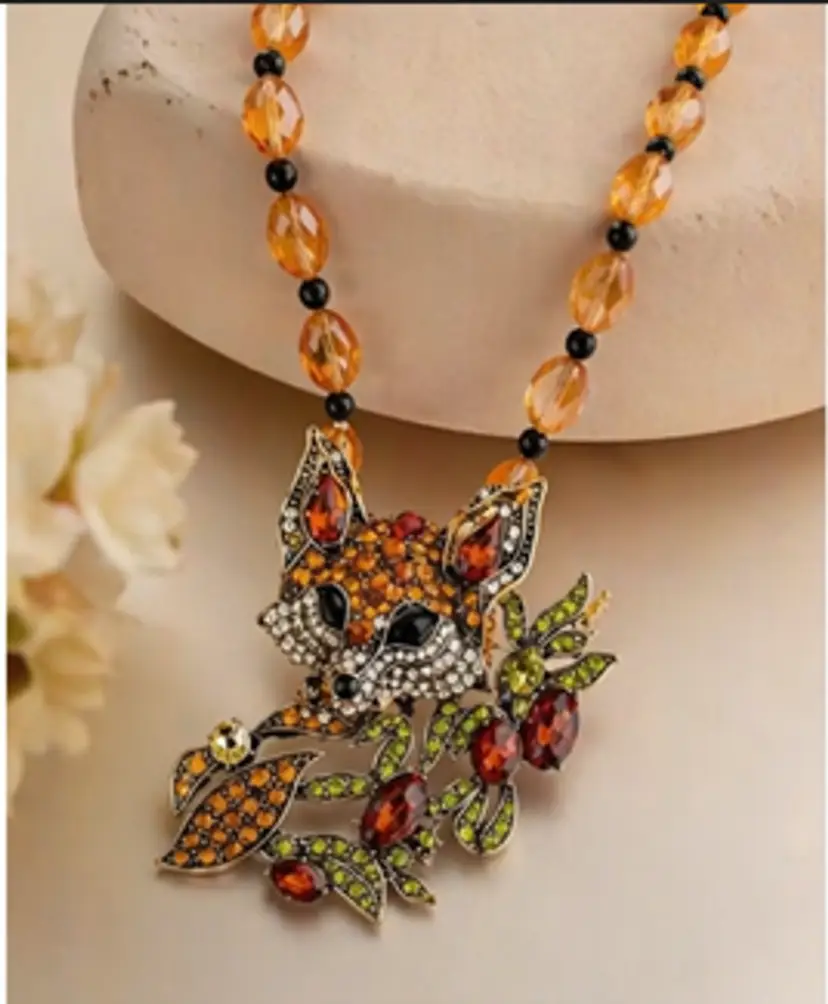 💎Fox Necklace and Brooch Set Vintage Inspired Amber Rhinestone Statement Jewelry