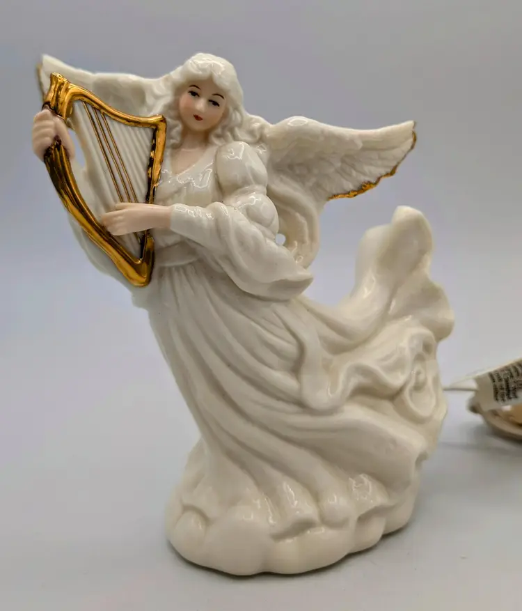 Large Ivory Porcelain Angel And  Light Up Figurine Ivory & Gold Angel Playing Harp 8"