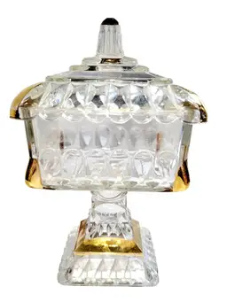 Jeannette Glass Wedding Bowl Lidded Pedestal Candy Dish Trinket Gold Trim Glassware Collectible
