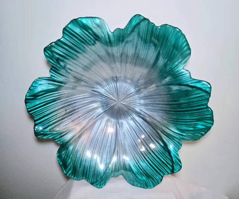 Reverse Painted Art Glass Bowl Silver & Blue Irredescent - Silver Back - 12 in.