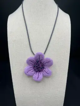 Made By Me Purple Needle Felted Wool Flower Pendant With Swarovski crystals 2 1/4” On 18” Cord