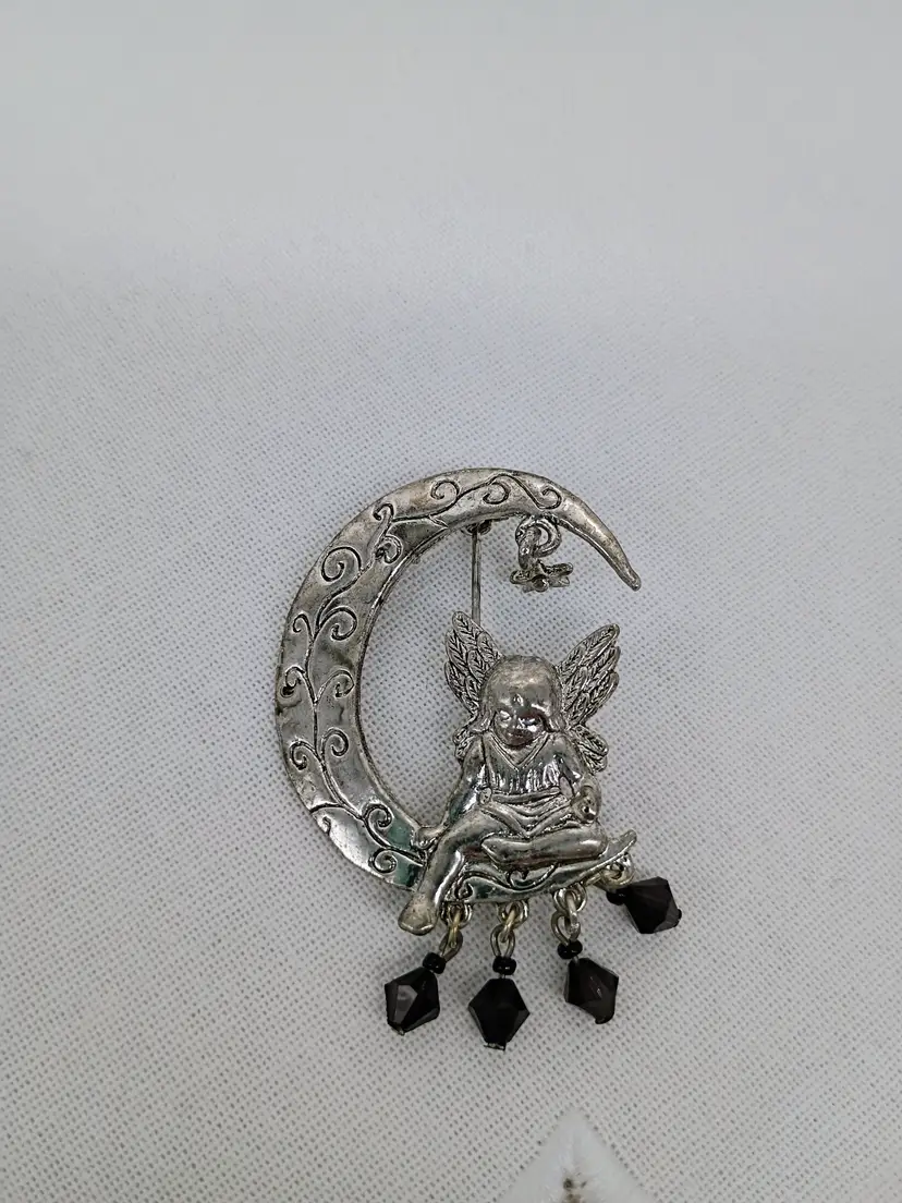 Taramanda Silver Tone Fairy Sitting on Crescent Moon Brooch Pin Pendant