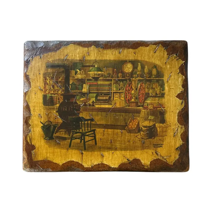 Frederick Elmiger Wall Hanging Print Country Store Folk Art on Wood