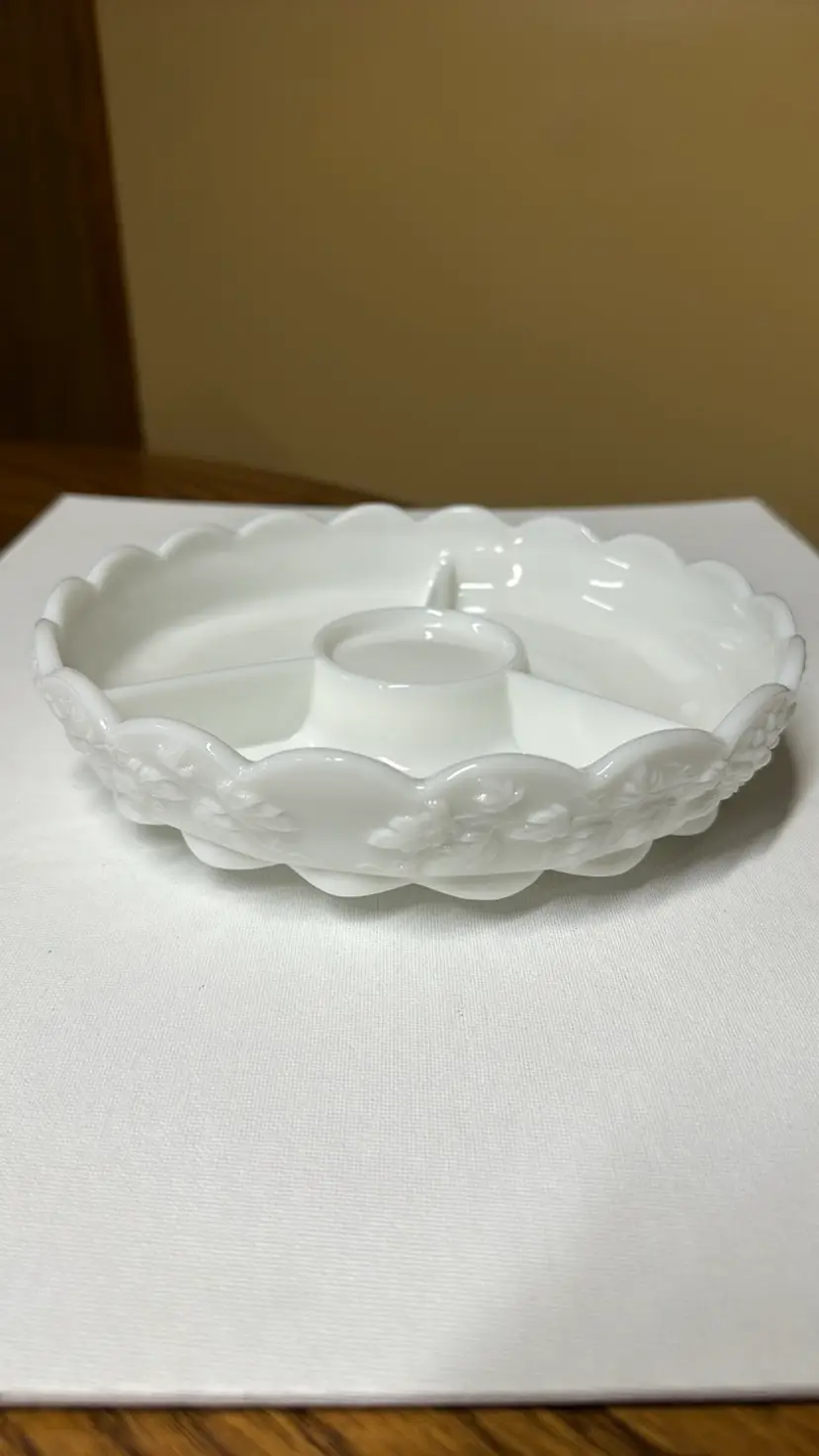 Westmoreland Paneled Grape Milk Glass Relish Dish 9” diameter