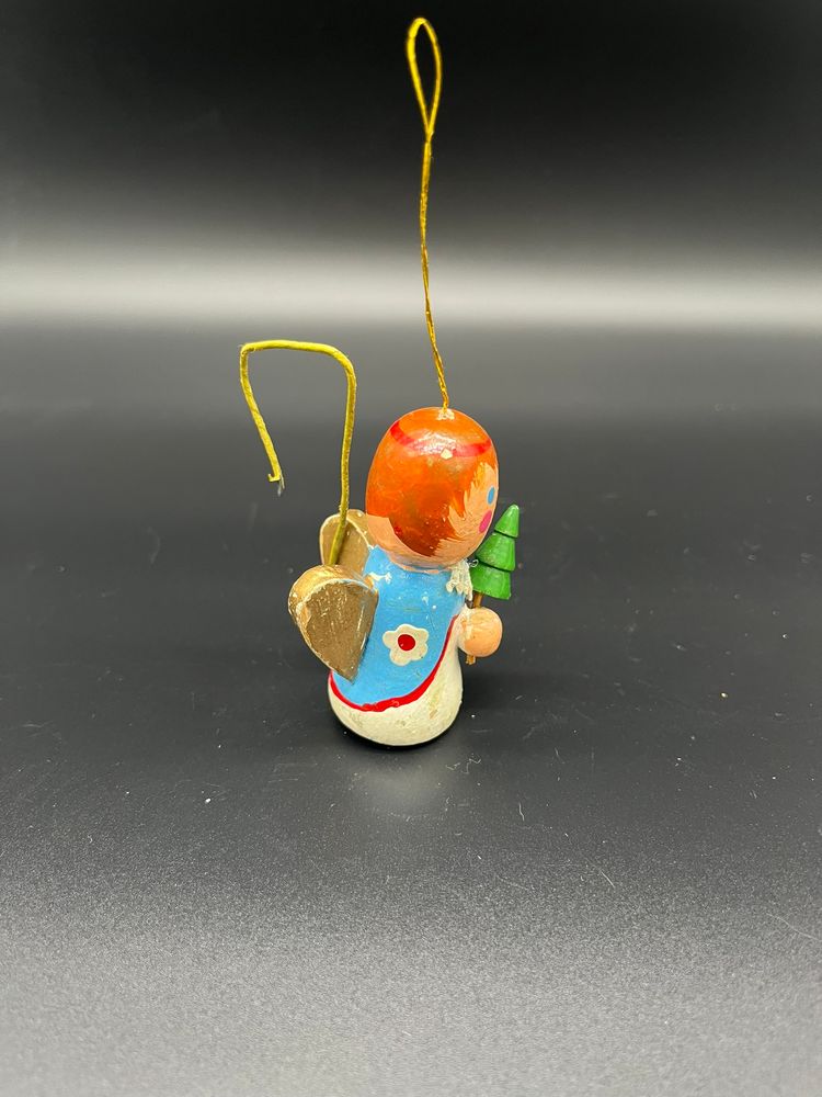 Vintage Wooden Christmas Ornament - Hand-Painted Angel Holding Tree, Folk Art Holiday Decor