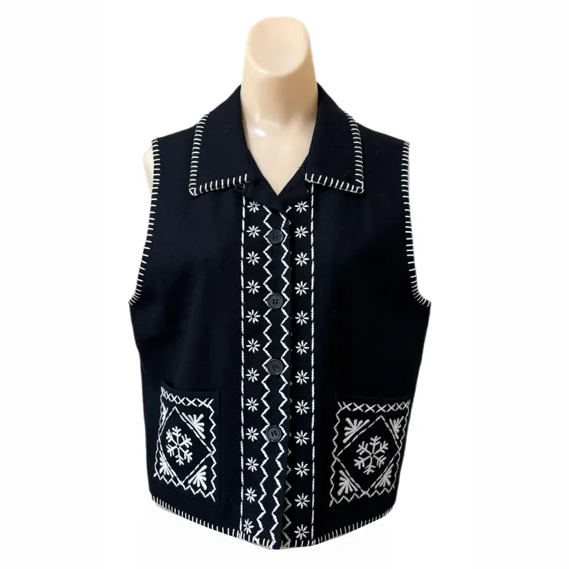Talbots Small Black Felt Vest White Embroidery Made Hong Kong Vintage