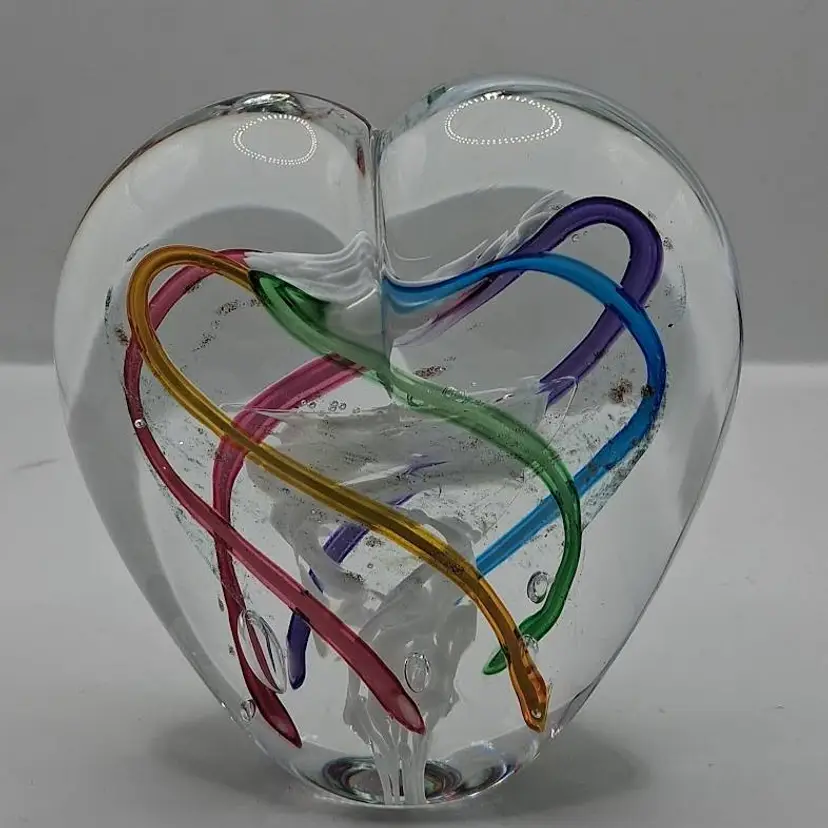 Signed Marilyn Kimble Holt Art Glass Multi-Color Heart Paperweight, 1994