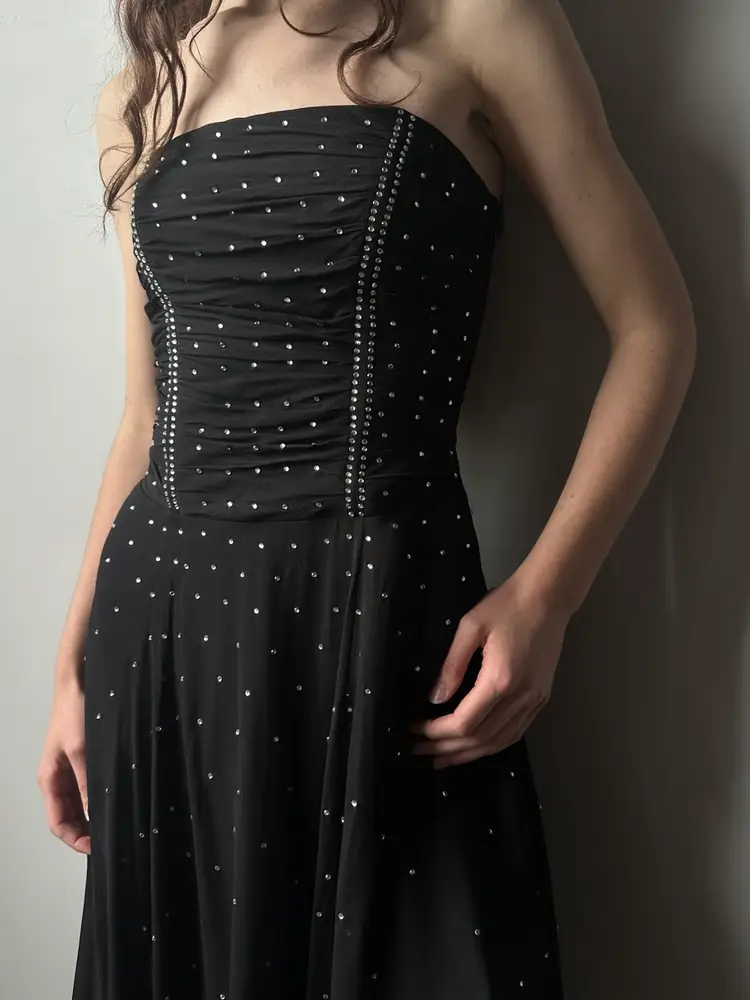 Vintage 90’s Betsey Johnson Black Silk Rhinestone Midi Dress