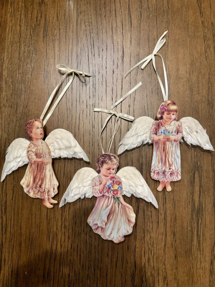 CHOICE OF 2, Vintage Porcelain Bradford Edition Angels, Christmas Ornaments. Size Varies from 5” long to 3” and 3” to 4” inches wide.