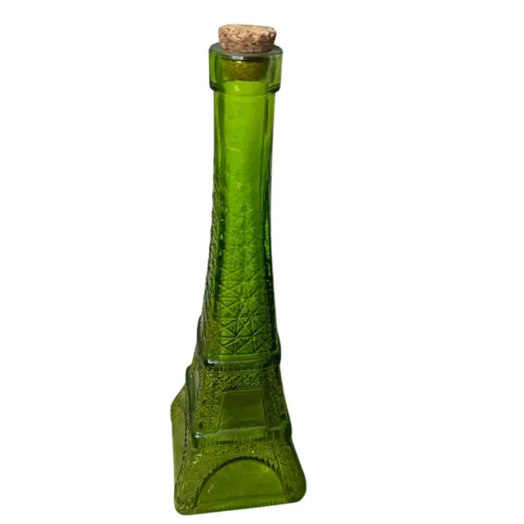 Vintage Green Eiffel Tower Shaped Bottle With Cork 11.5”