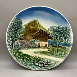 West Germany Majolica Wall Hang Plate Country Cabin Hand Painted 9.25”