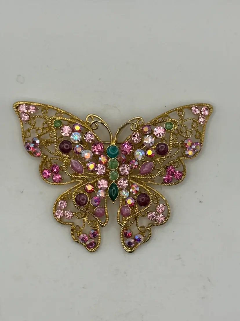 Stunning Gold Tone Rhinestone Butterfly Roll Clasp Brooch