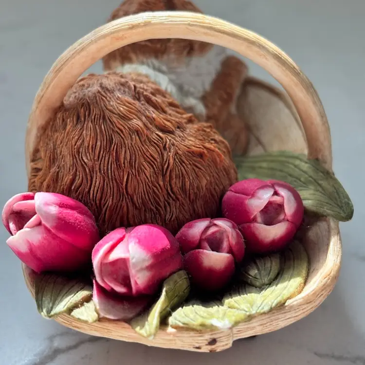 Vintage Orange Tabby Cat Sleeping Inside Basket With Tulips