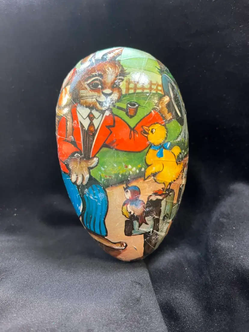 Paper Mache Egg-Made in West Germany-Easter Bunny w/ Eggs on Back Greeting Birds